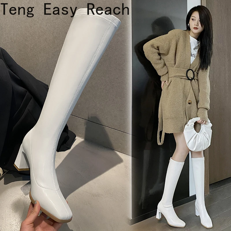 

Модные женские классические сапоги до колена на квадратном каблуке, сапоги из искусственной кожи на молнии, вечерняя Классическая танцевальная обувь, женские сапоги 31-43