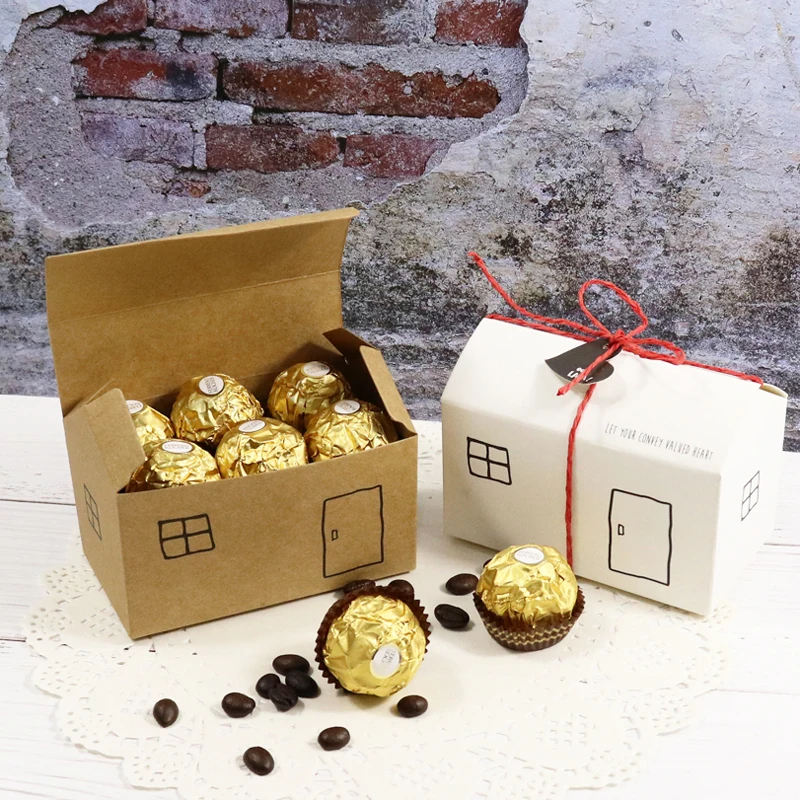 

5 шт., винтажная Свадебная коробка для конфет, Подарочная сумка в форме дома, Подарочная коробка из крафт-бумаги, коробки для шоколада, сумки ...