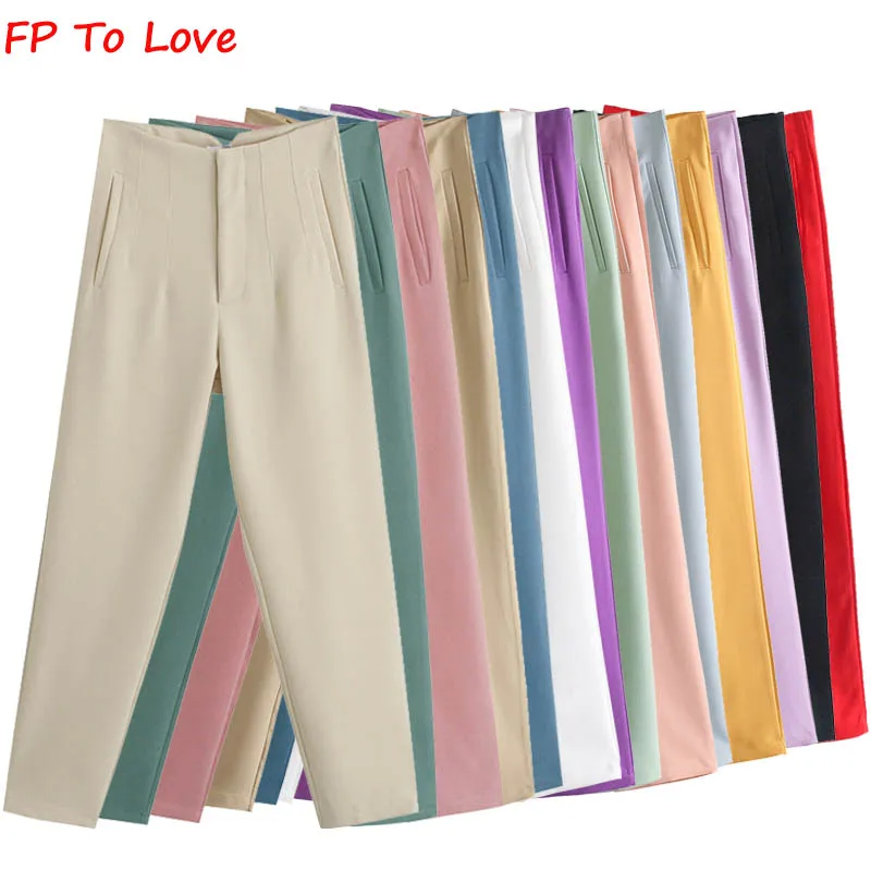 

FP To Love Za, Женские Дизайнерские однотонные брюки, костюмы, весна-осень 2021, офисные женские длинные бежевые брюки с высокой талией на молнии