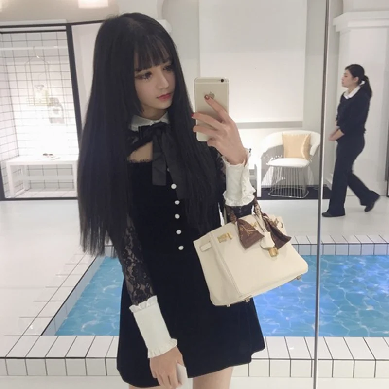 Женское платье в викторианском стиле черное ажурное с бантом готическом для