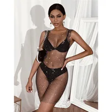 SRUBY – mini robe transparente en résille et strass pour femmes, tenue d'été sexy en maille cristal et diamant, bikini, pour soirée, plage et boîte de nuit  (1)