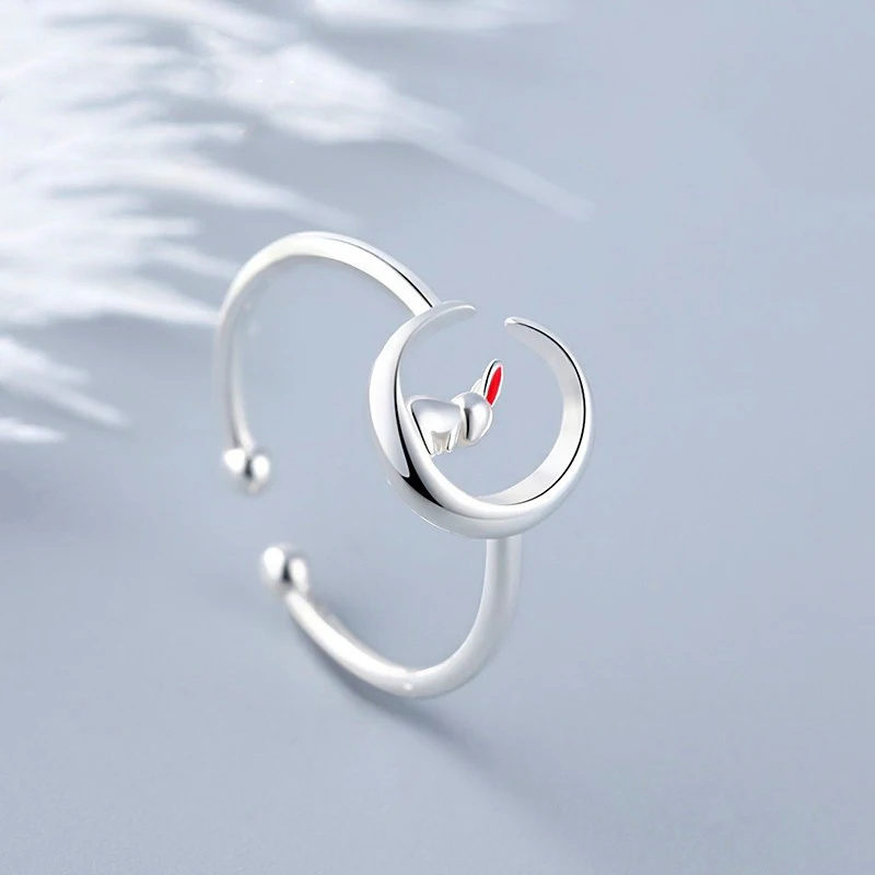 

Bunny Animal Rabbit Rings Jewelry Adjustable Opening Moon Rings For Girls Couple Lover Women Lady Female Valentine's Day Gift