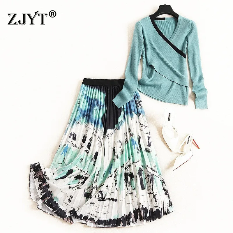 

Fashion Designer 2020 Fall Winter 2 Piece Set Women Full Sleeve V Neck Knitted Sweater Top and Print Pleated Skirt Suit