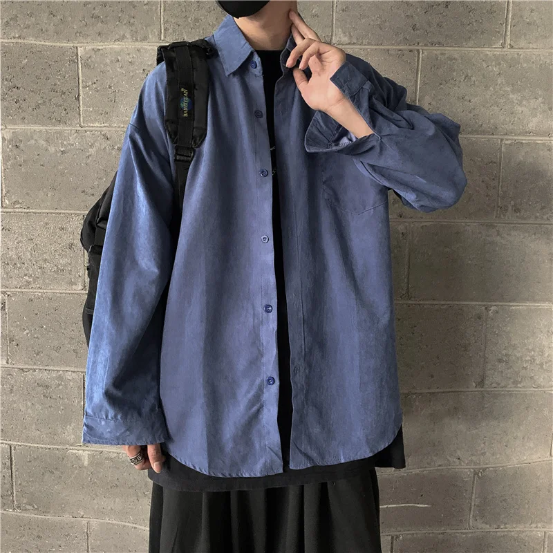 

Men Shirts Fashion Casual Students Solid Chic Plus Size 3XL Long Sleeve Loose All-match Streetwear Harajuku Retro Simple Outwear