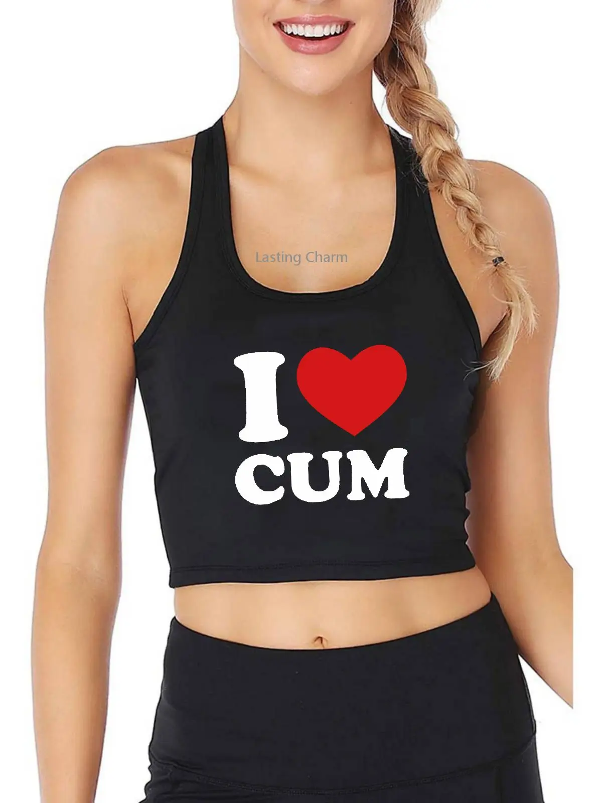

I Love Cum Design Tank Top Adult Humor Fun Flirty Print Yoga Sports Workout Crop Top Women's Gym Tops