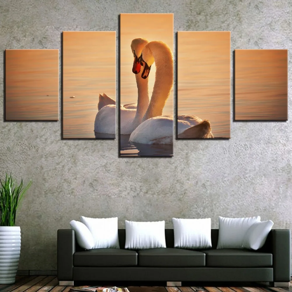 

5 Pieces Swans Canvas Posters Birds Wallpapers Love Abstract Painting Animals Pictures Sunset For Home Room Improvement Decor