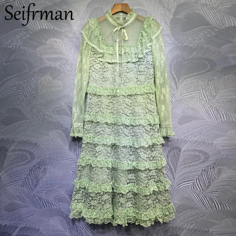

Seifrmann New 2021 Summer Women Fashion Runway Party Midi Dress Long Sleeve Lace Ruffles Bow Solid Printed Ladies A-Line Dress