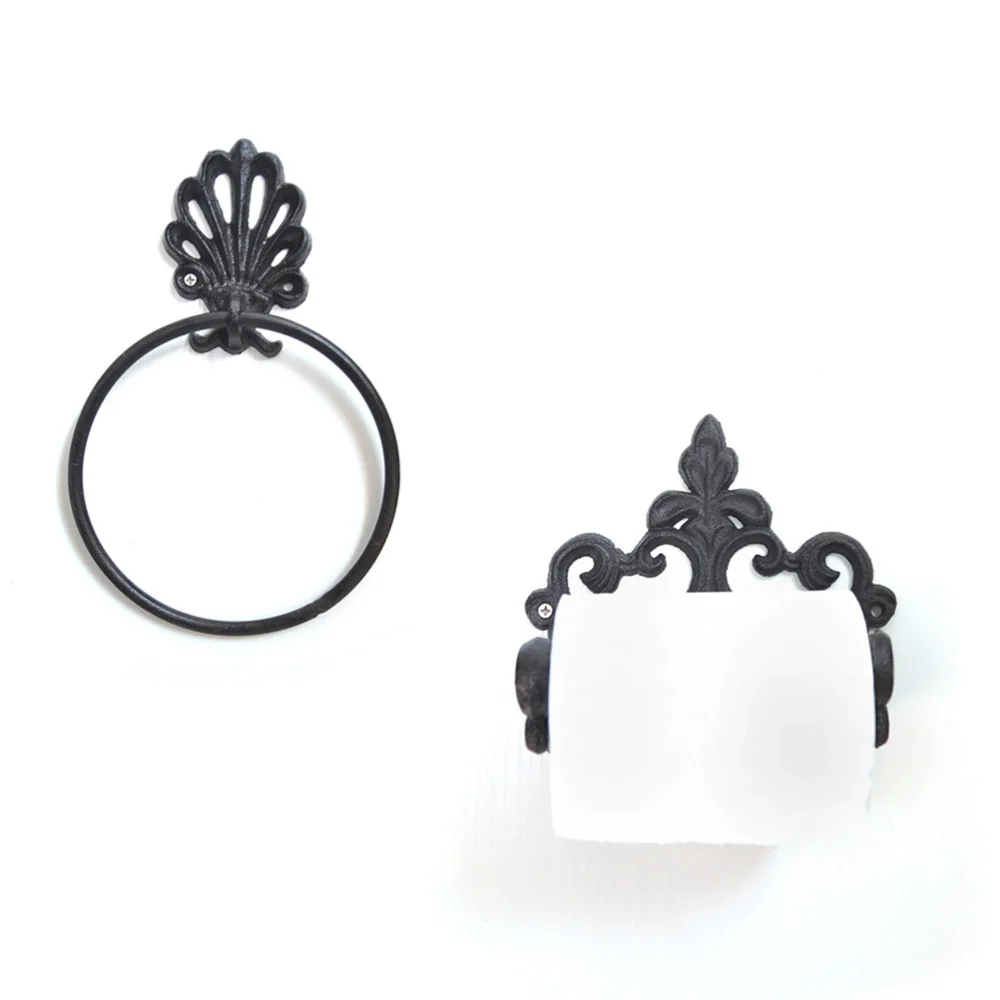 

2 Pcs Retro Towel Hanging Ring Wrought Iron Tissue Rack Towel Holder Round Ring Hanging Rack for Home Bathroom (Black)