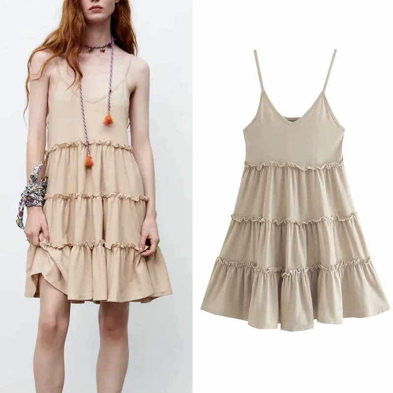 

Женское винтажное мини-платье на бретельках KUMSVAG, однотонное элегантное уличное платье без рукавов с оборками и соединением, лето 2021