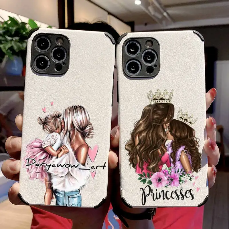 

girl Queen Mom and baby Phone Case Lambskin Leather For iphone 12 11 8 7 6 XR X XS PLUS MINI PLUS PRO MAX Shockproof
