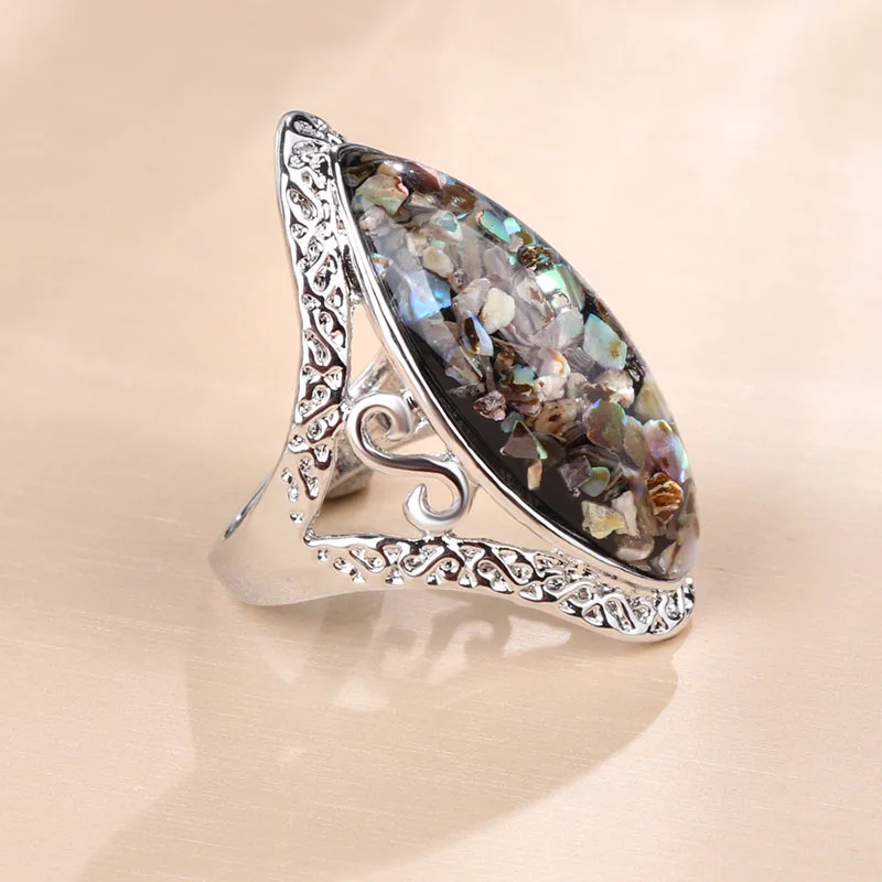 

Luxury Rainbow Big Resin Stone Shell Rings Vintage Bague Women's Metal Finger Ring for Wedding Jewelry Accessories Z4P448