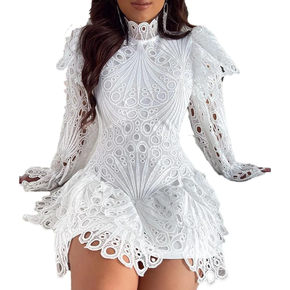 

Europe America Autumn 2021 New Women's Dress Solid Color Lace Hollow Out White Irregular Round Neck Long Sleeve Casual