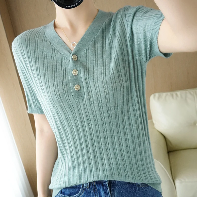 

Zocept T Shirts For Women V Neck Button Solid Striped Sweater Short Sleeve Tees Wool Blend Knit Pullover Tops Thin Women T Shirt