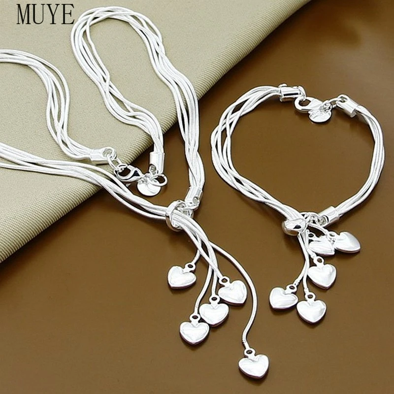 

MUYE Wholesale 925 Sterling Silver Tassel Heart Bracelet Necklace Set for Women's Charm Fashion Jewelry Xmas Gift T007