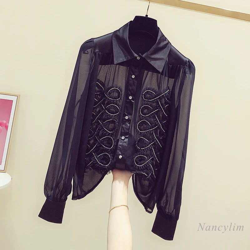 

Loose Blusa Feminina 2021 Autumn New Chiffon Blouse Women's Diamond Embroidered Thin Black Long Sleeve Lapel Top Casual Shirt