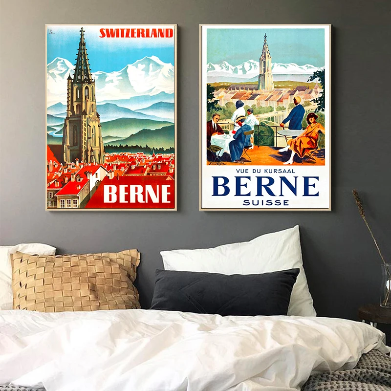 Берн город путешествия в Швейцарию холст Картины Винтаж изображение Плакат из