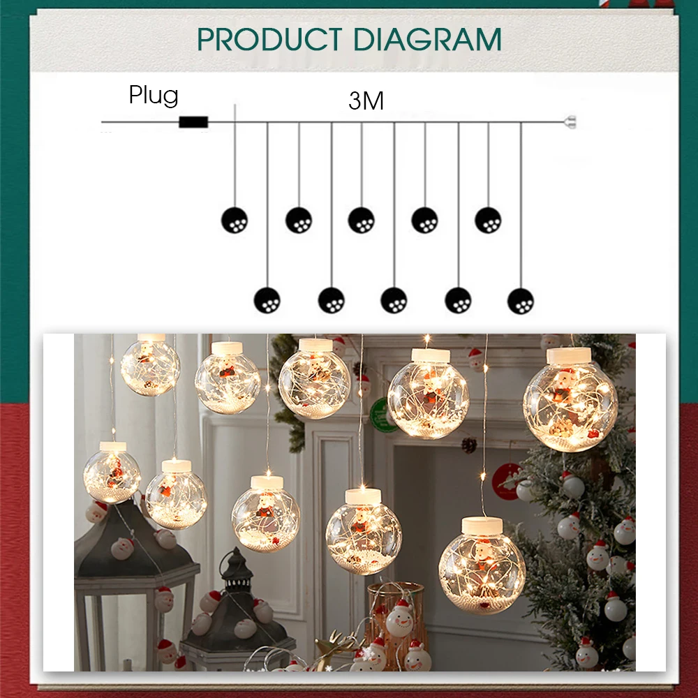 2022 New Year LED String Light DIY Santa Wishing Ball Curtain Lights Christmas Tree Decoration For Home Party Children Gifts | Лампы и