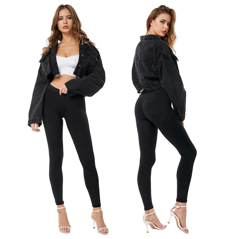 

Hot kf-Crop Top Denim Jackets for Women Long Sleeve Denim Short Coat Ladies Casual Button Jacket Jeans Overcoat
