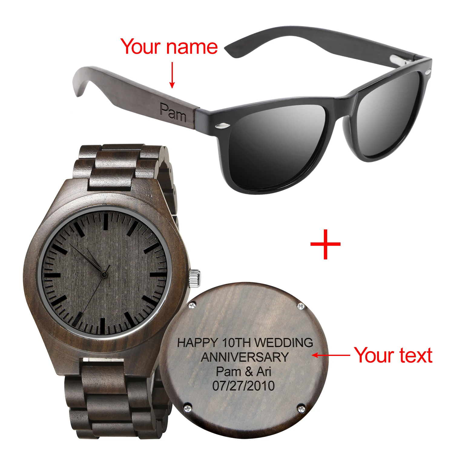 Персонализированные мужские часы из натурального эбенового дерева UV400