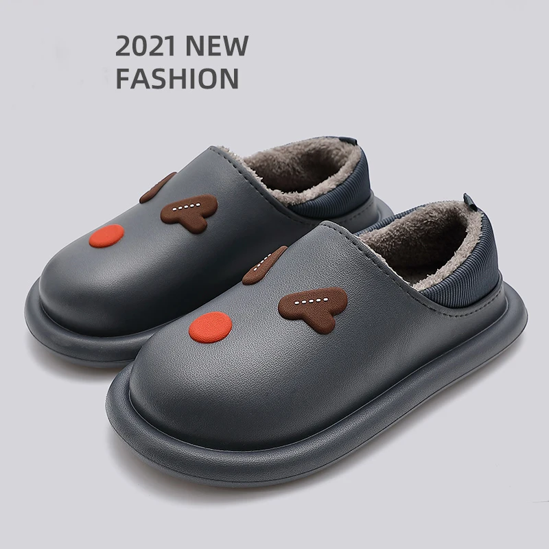 

Rubber Winter Men Women Thick Sole Waterproof Non-Slip Christmas Slippers Warm Indoor Fur Cotton Couples Ladies Antlers Shoes
