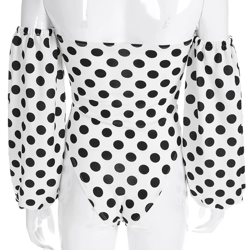 

Polka Dot Printed Off Shoulder Long Sleeve Bodysuit Women Sexy Bandage Bodies Ladies Backless White Body Womens Beach Jumpsuits