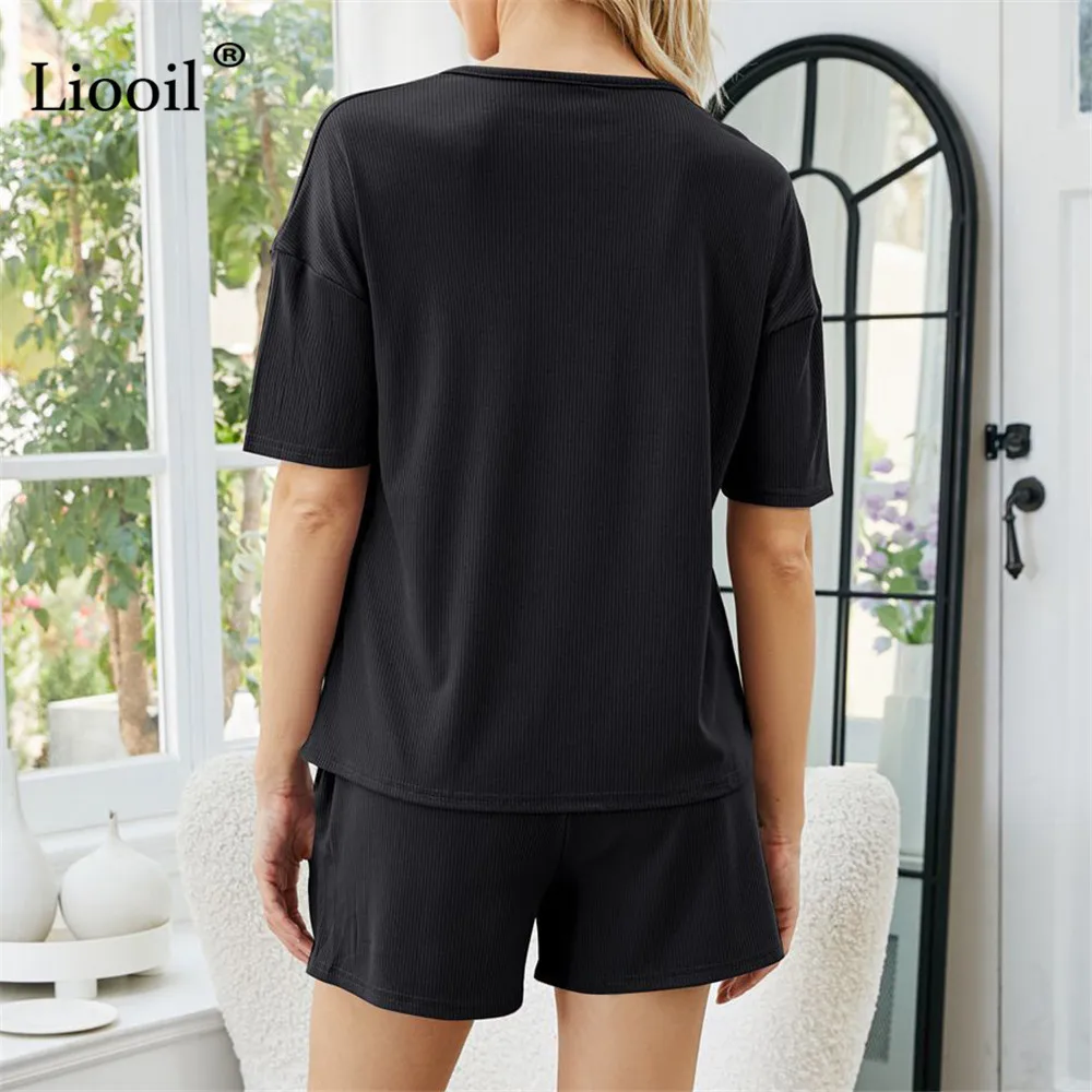 

Liooil Two Piece Ribbed Set Casual Loose T Shirt Tops And Shorts Summer Short Sleeve V Neck Women Tracksuit Sexy Outfits Sets