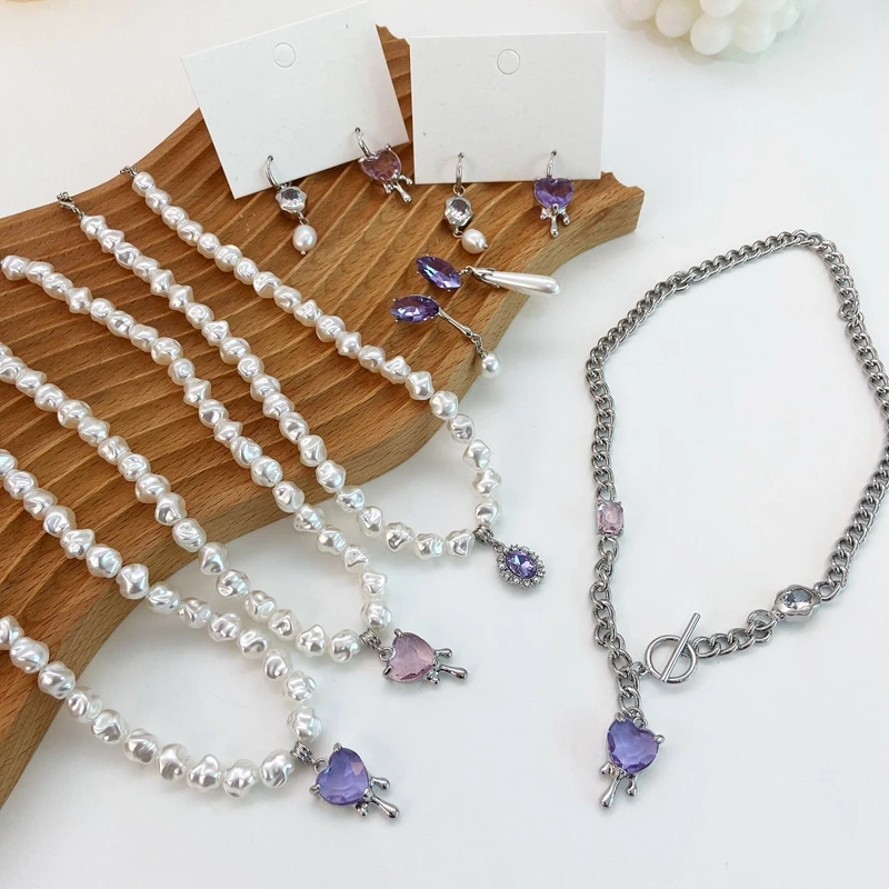 

MENGJIQIAO Korean Elegant Irregular Pearl Necklace For Women Girls Fashion Crystal Heart Pendent Colares Party Jewelry Gift