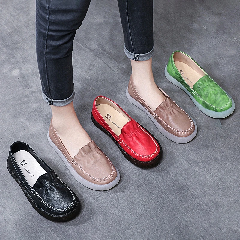 

PEIPAH Women Slip On Shoes Woman Genuine Leather Ballet Flats Ladies Shallow Shoes Female Retro Solid Loafers Casual Footwear
