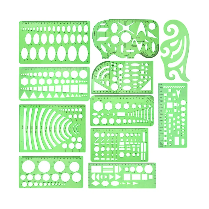 11 шт. геометрических рисунков шаблоны пластиковые прозрачные зеленые линейки с 1