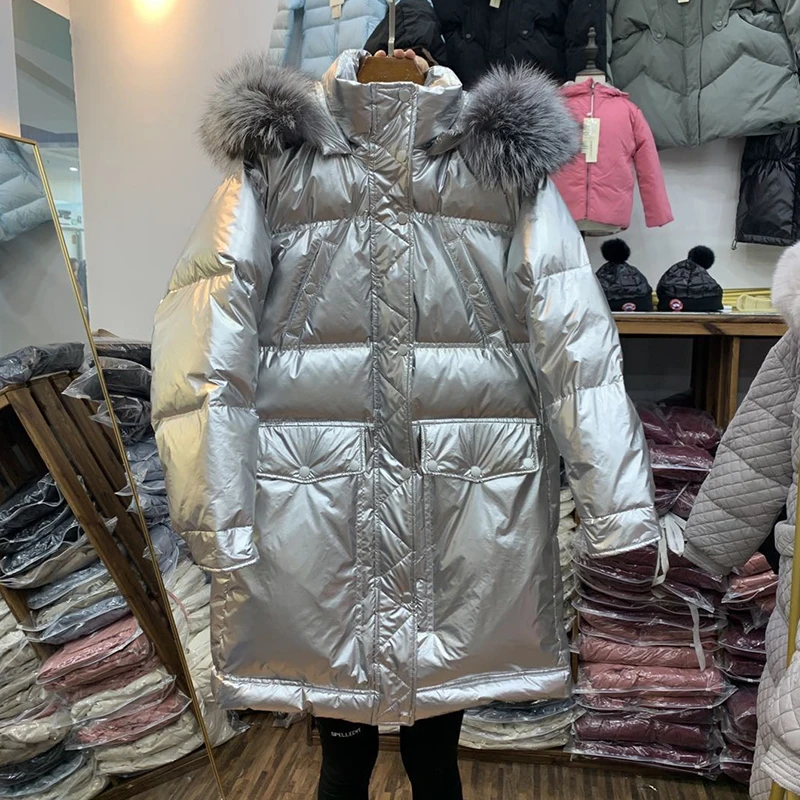

Ailegogo Bright Color Big Real Fur Collar 90% White Duck Down Long Jacket Loose Thick Warm Silver Snow Down Parka Snow Outwear