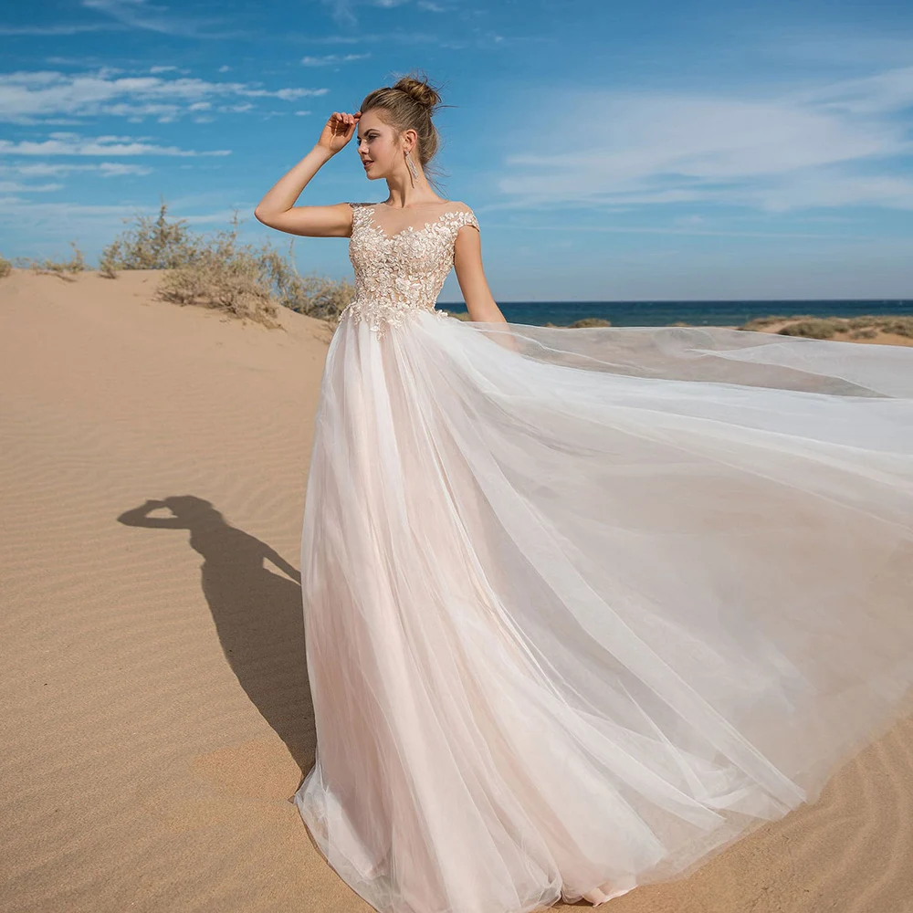 

Beach Princess Wedding Dresses Robe simple Short Cap Sleeves Lace Bridal Gown