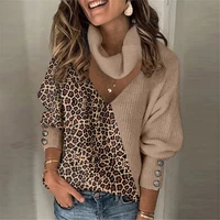 women sweaters knitted leopard patchwork turtleneck sweaters pullover spring button long lantern sleeve loose women sweaters