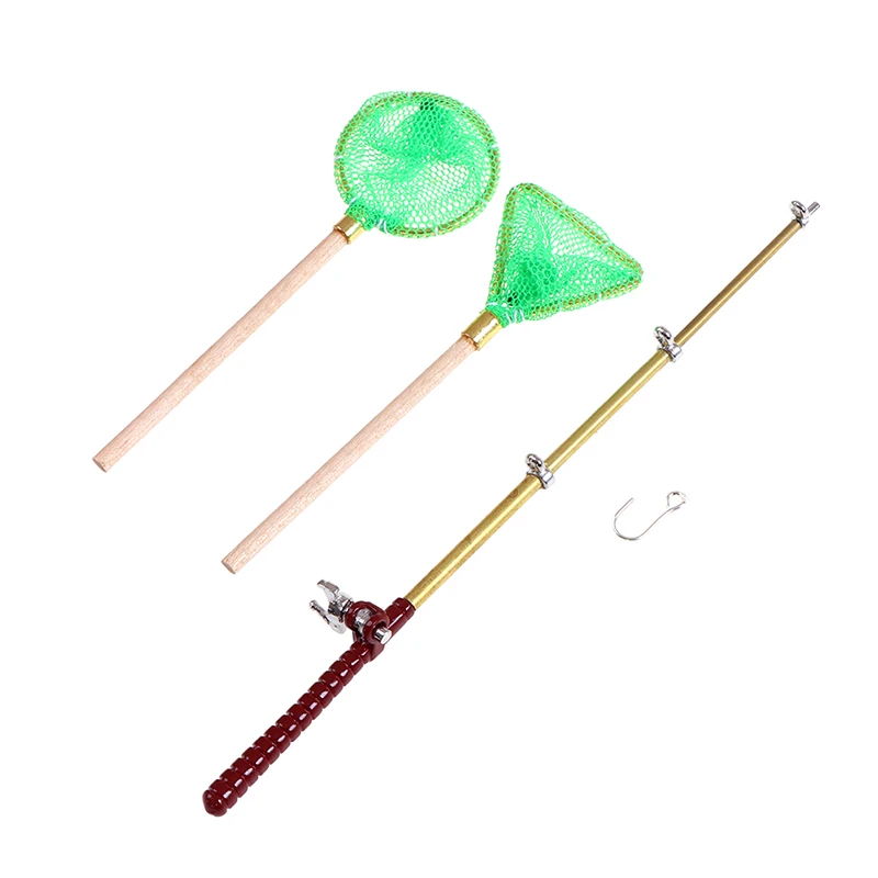 

3 Pieces/set Of Miniature 1:12 Doll House Decoration Garden Fishing Rod Round Net Triangle Net Group