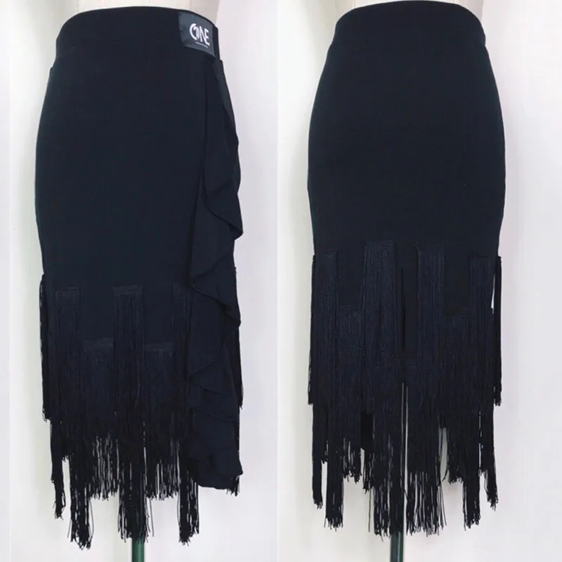Черная юбка для латинских танцев женская сексуальная с бахромой танцевальная