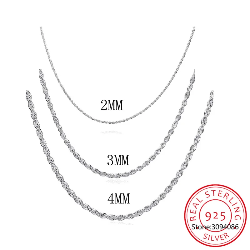 

Hip Hop Twisted Rope Necklace For Men 2MM/3MM/4MM Thick 925 Silver Hippie Rock Chain Long/Choker Hot Fine Jewelry N574