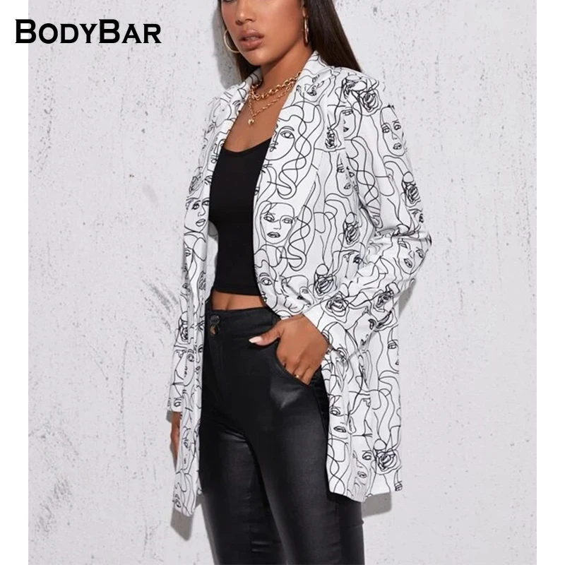

Eelgant White Abstract Face Print Blazer Beauty Female High Street Jacket 2021 Fashion Oversize Spring Plus Size Coat Tops mujer