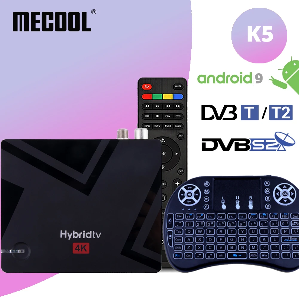 

ТВ-приставка Mecool K5 Amlogic S905X3 четырехъядерный ARM 2 Гб 16 Гб 2,4G/5G 2T2R Wi-Fi BT 4,2 DVB T2 + S2 Android 9,0 инфракрасный пульт дистанционного управления