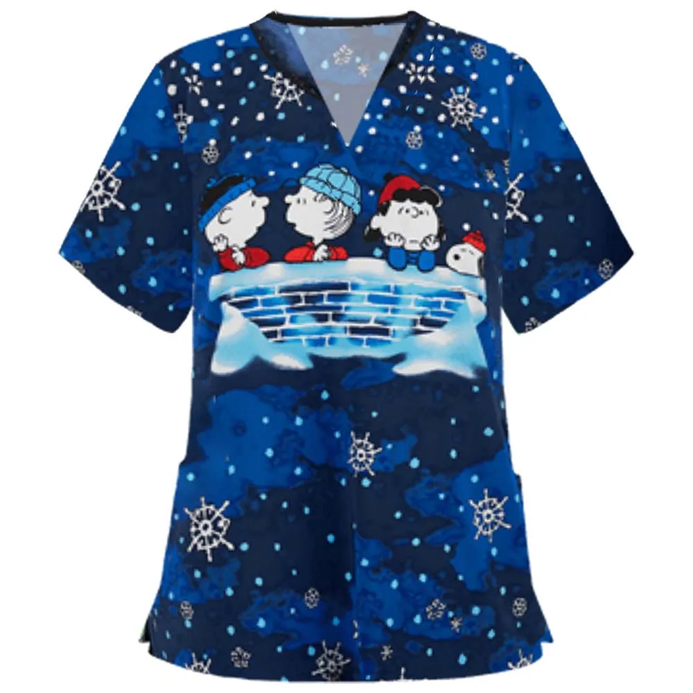 

Рабочая форма, футболка с V-образным вырезом, униформа медсестры, женская футболка, Рождественский топ свободного кроя с принтом снежинок, ж...