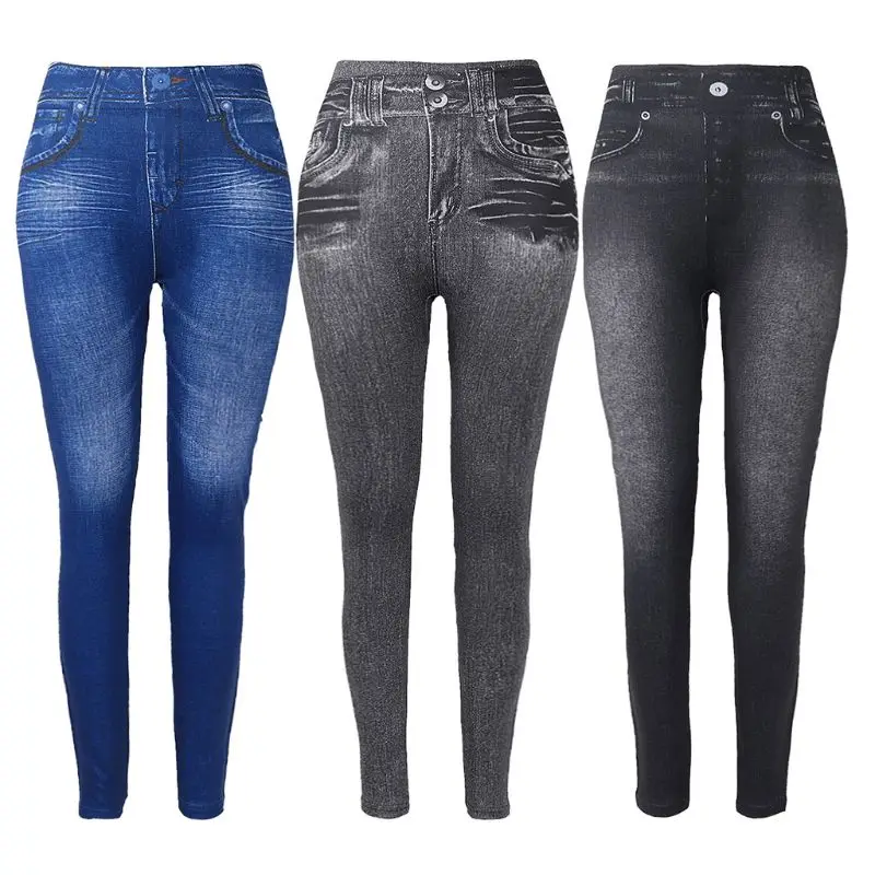 

Women Fleece Lined Winter Jeggings Faux Jeans Seamless High Waist Slim Fashion Jeggings Leggings Women Fitness Pants