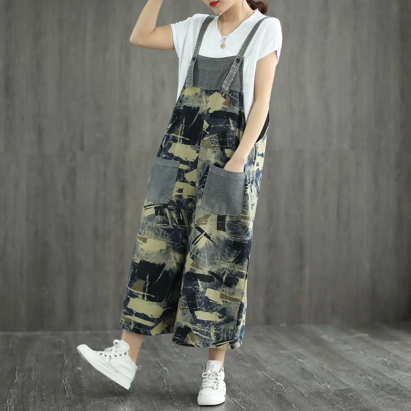 Женский джинсовый комбинезон в стиле ретро универсальный с широкими штанинами