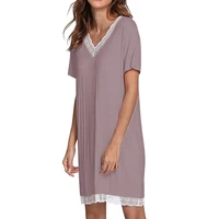 women nightgowns cotton modal summer solid lace splice v neck short sleeve night dress underwear women night gown sleepshirts
