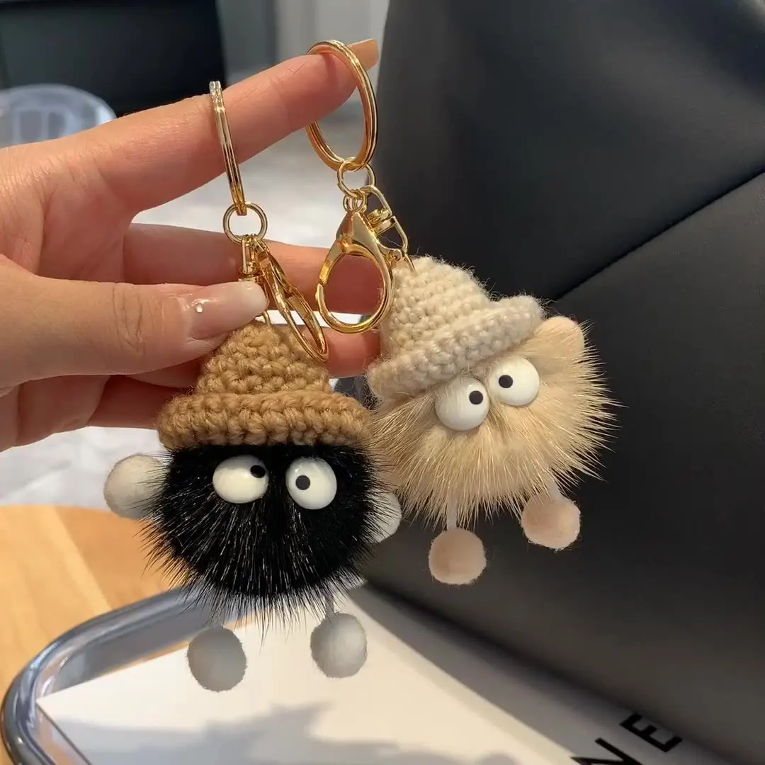 

ins Style Kawaii Small Briquette Mink Fur Car Keychain Cartoon Korea Pompom Doll Toy Bag Pendant Women Man Charm Keyring