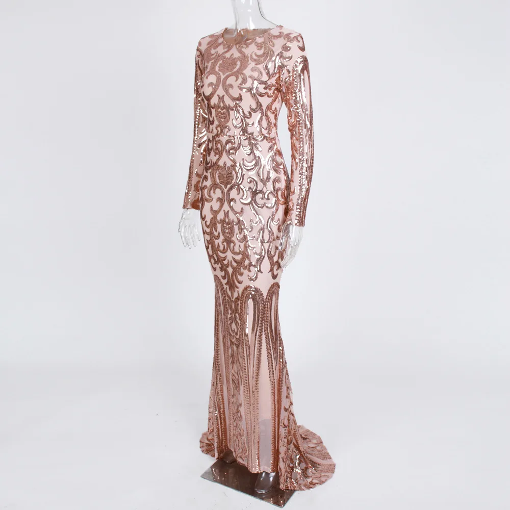 

2021 Autumn Winter Long Dress Women Sequin Sexy Round Neck Long Sleeve Retro Party Dress With Nice Quality Material Plus 2XL