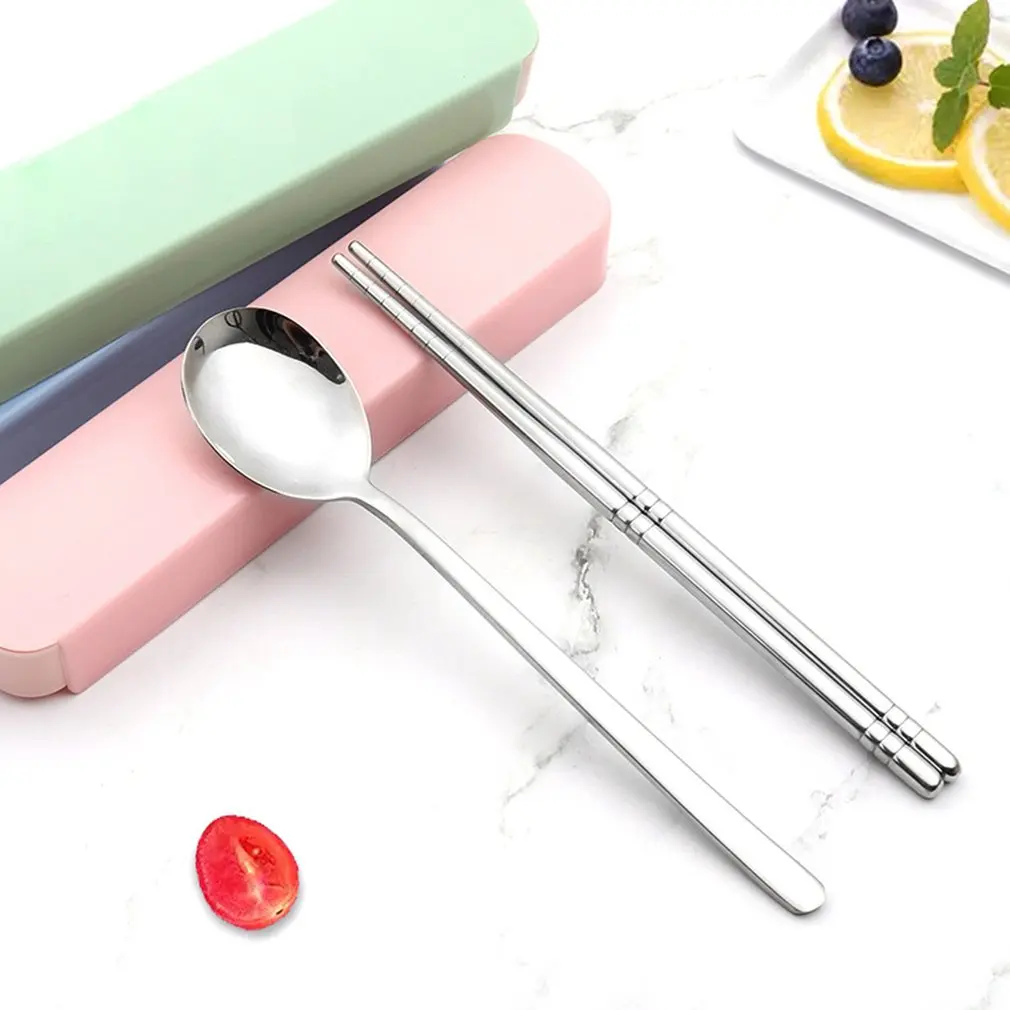 

1SET Stainless Steel Cutlery Box Set of Three Portable Lovely Tableware Spoon Chopsticks Fork For Kid School Cutlery
