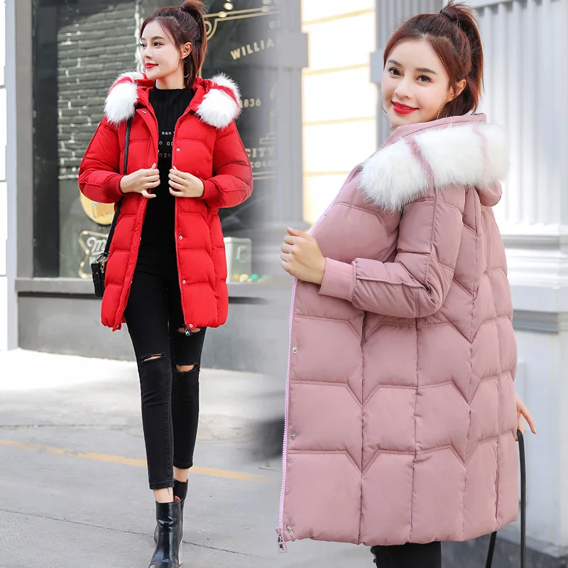 Женская длинная куртка с меховым воротником Зимняя парка размера плюс теплый