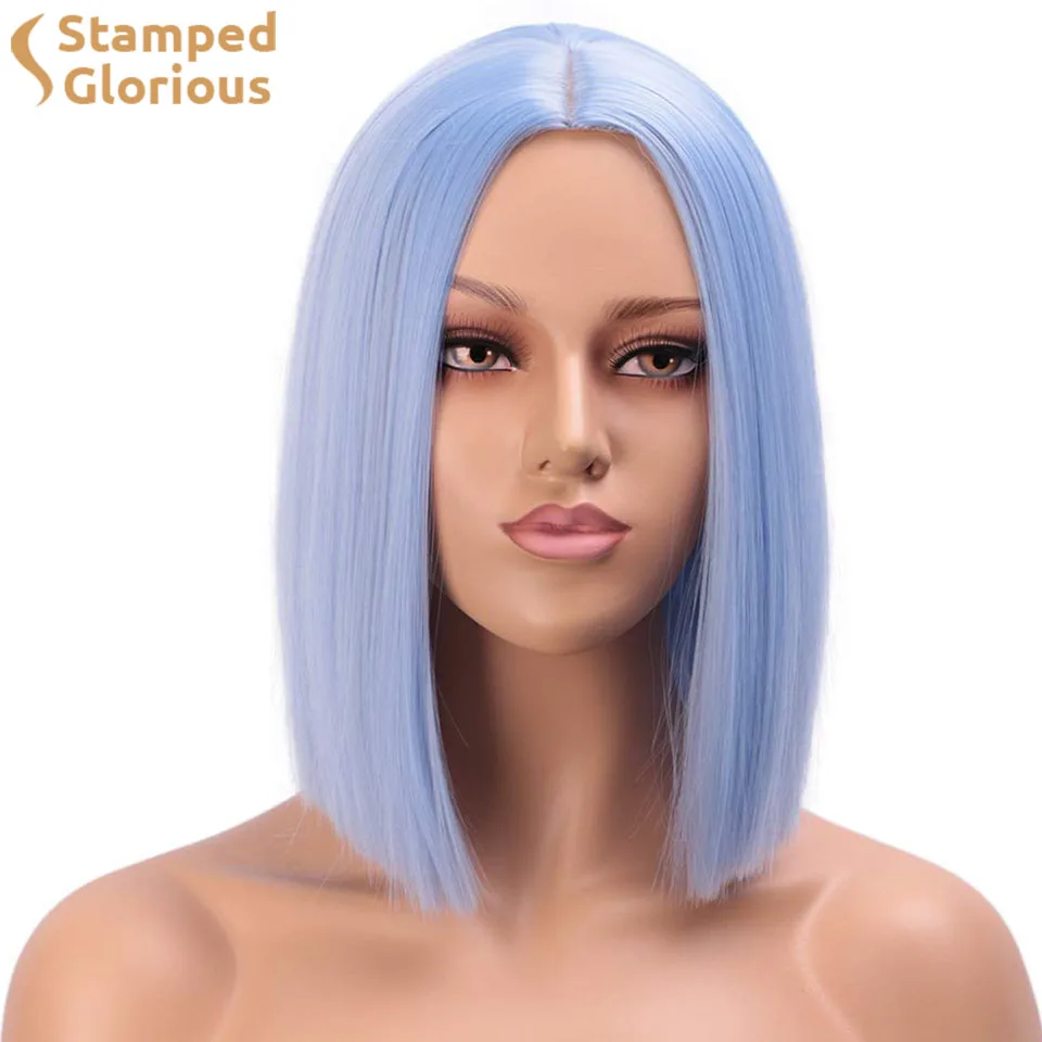 

Lativ Short Bob Wig Synthetic Blue Cut Wig Middle Part Shoulder Length Hair Blonde Pink Red Wigs for Women