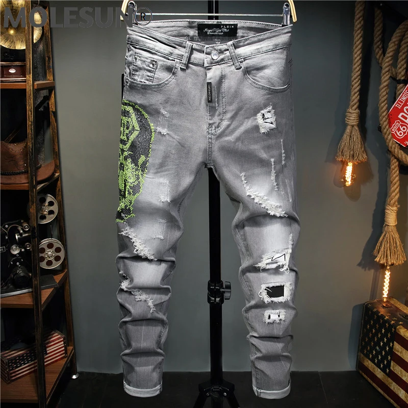 

European Style Men plein brand jeans mens slim denim trousers grey jeans Straight Moto & Biker hole grey jeans pants for men