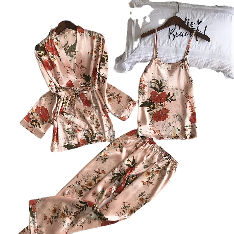 

2021 Lisacmvpnel 3 Pcs Printing Women Robe Sets Spaghetti Strap+Cardigan+Pant Set Sexy Fashion Female High Quality Pajamas