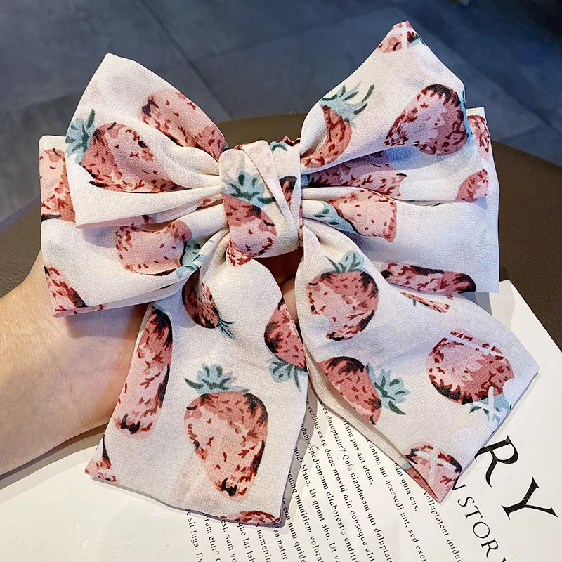 

New Women Girls Sweet Print Strawberry Chiffon Big Bow Hairpin Elegant Headband Cute Hair Ornament Clip Fashion Hair Accessories