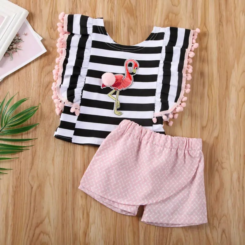 Cute Summer Baby Kids Girl Flamingo Print Stripe T shirt Tops+Shorts Pants 2PCS Outfit Clothes Set | Детская одежда и обувь